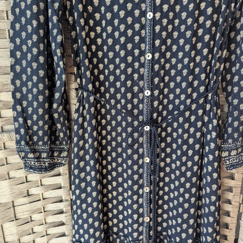 Faherty Orinda Long Sleeve Maxi Dress Navy Blue‎ Block Print Button Up Tie Waist - Picture 2 of 9